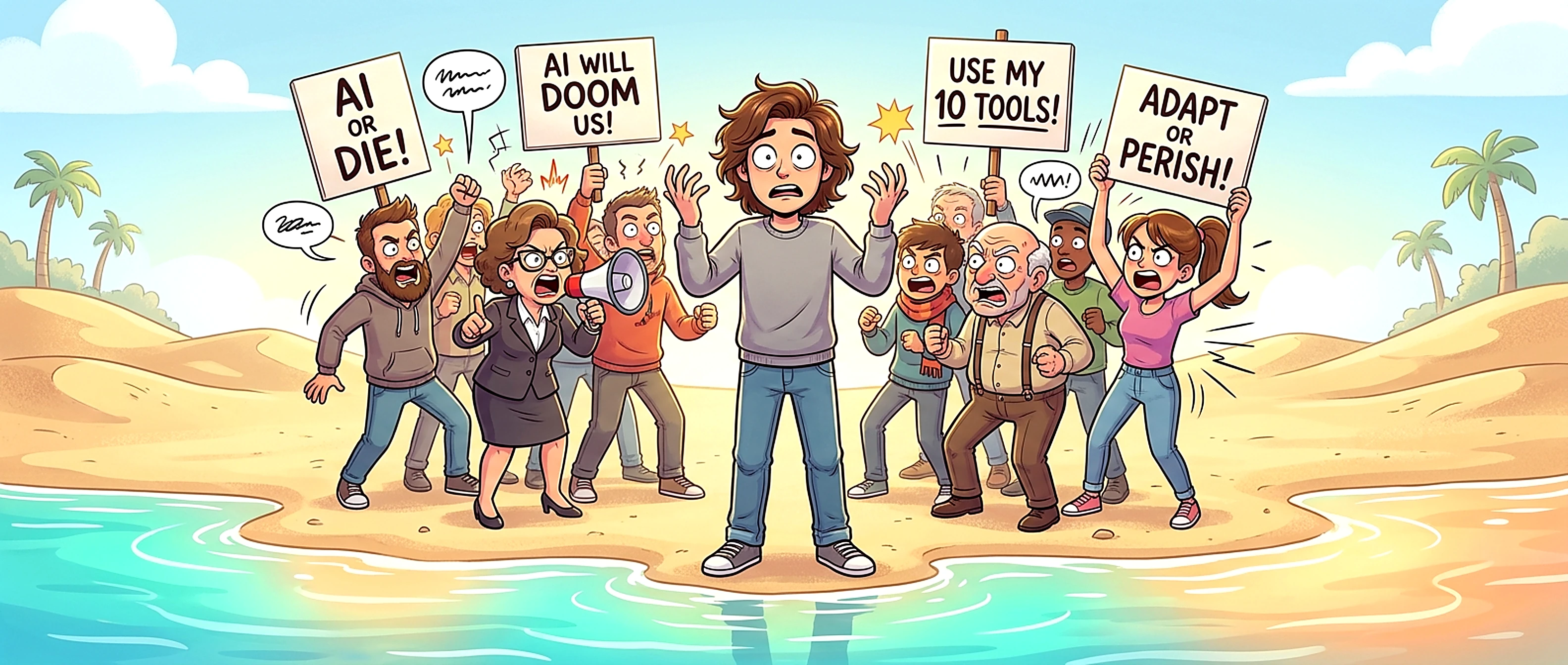 A wide-eyed person stands frozen on the beach, hands to their head, while a chaotic cartoon crowd shouts contradictory signs — 'AI OR DIE!', 'AI WILL DOOM US!', 'USE MY 10 TOOLS!', 'ADAPT OR PERISH!' — and the calm glowing water waits, ignored.